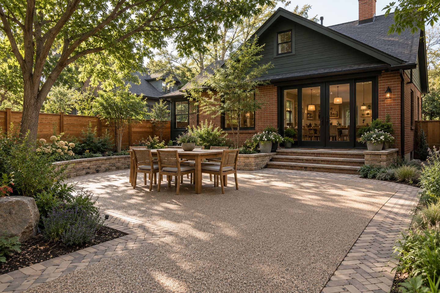 Colorado design visualization: Boulder herringbone courtyard, wide view