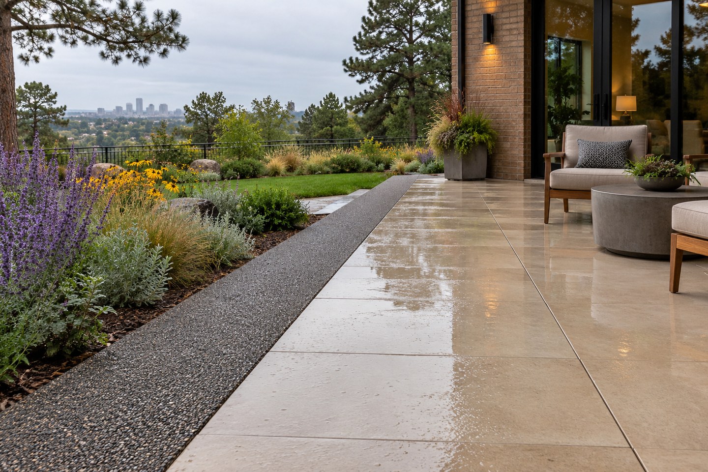 Colorado design visualization: Hilltop flush drainage detail, wide view
