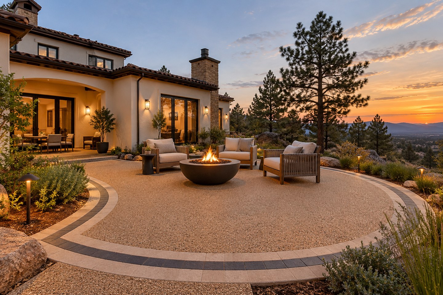 Colorado design visualization: Ravenna curved paver border, wide view